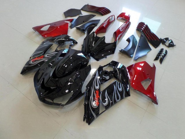 Cheapest 2006-2011 Black Nd Red Silver Flame Kawasaki ZX14R ZZR1400 Motorbike Fairing UK