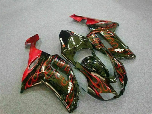 Cheapest 2007-2008 Black Red Flame Kawasaki ZX6R Motor Bike Fairings UK